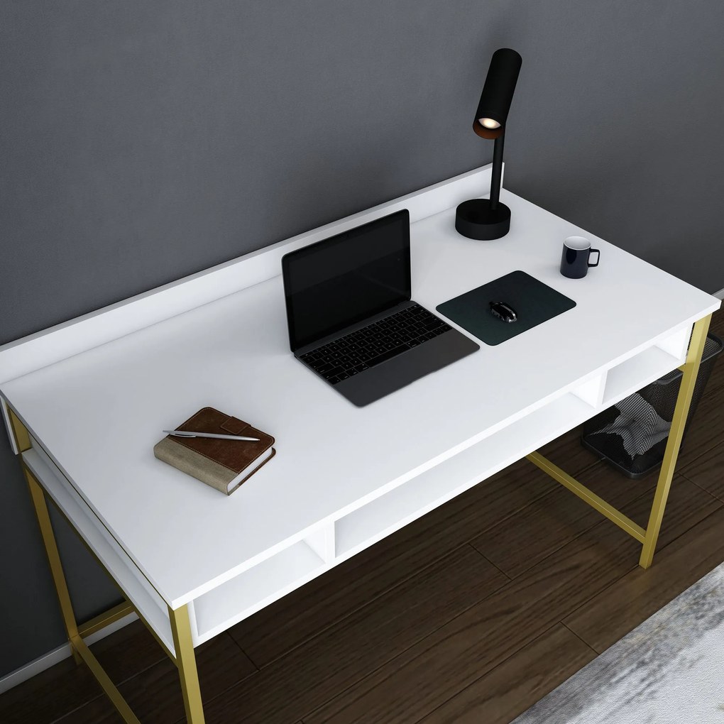 Secretária de Estudo Alma - Dourado e Branco - 120x60x74,8 cm