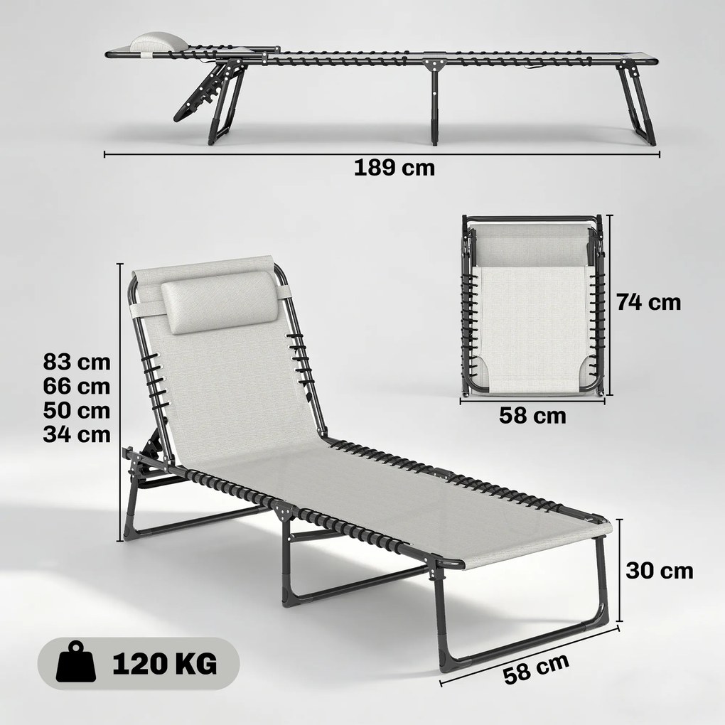 Conjunto de 2 espreguiçadeiras dobráveis com encosto reclinável em várias posições, em aço, com tiras elásticas e tecido textilene creme
