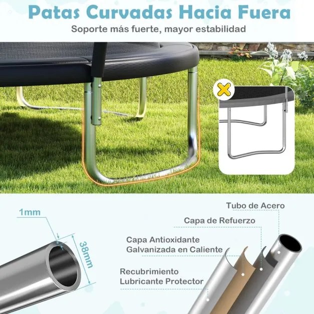 Trampolim exterior com escada Ø366 cm, para jardim com rede de segurança, cobertura de borda e estrutura metálica , preto.