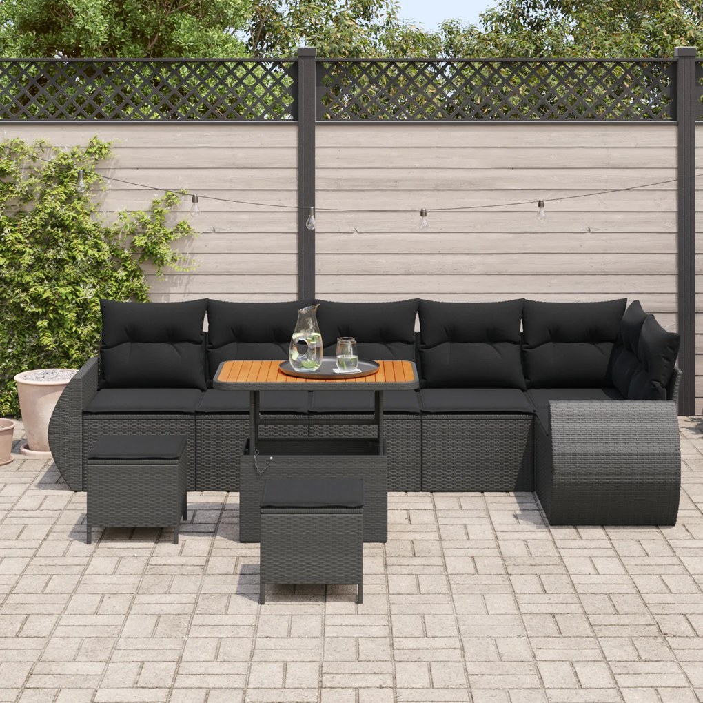 Conjunto de Sofá de Jardim com 9 Peças com Almofadas Preto Vime PE Acá