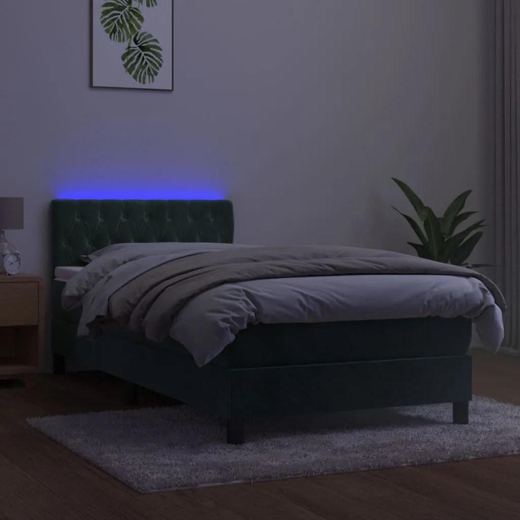 Cama box spring c/ colchão/LED 90x190 cm veludo verde-escuro