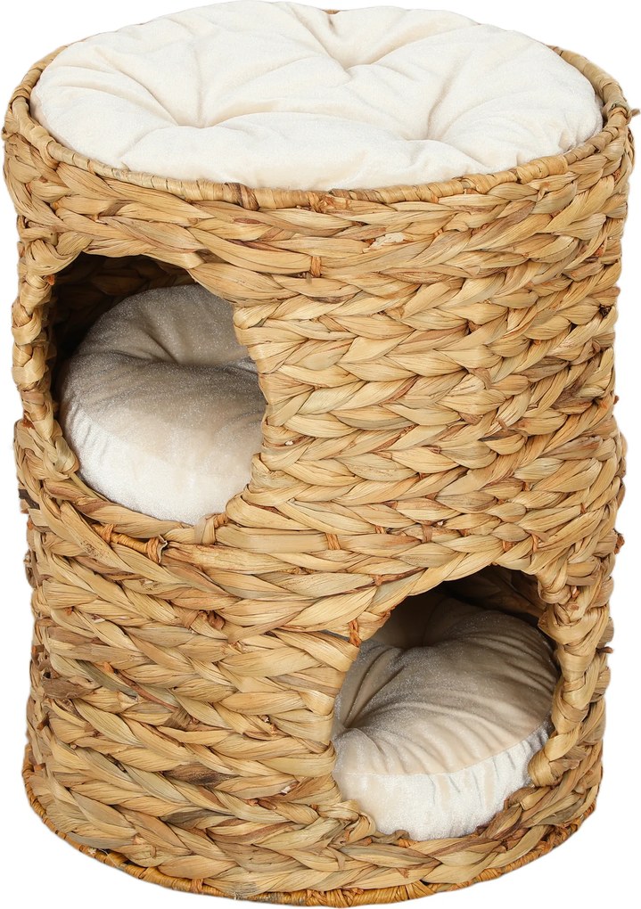 PawHut Tonel arranhador, 50 cm, 2 tocas, almofada, arranhador com cama para gatos, torre para gatos em vime de aguapé, marrom claro | Aosom Portugal