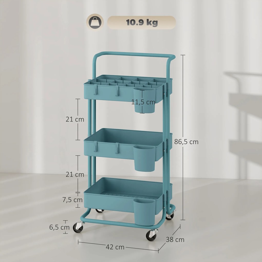 Carrinho de Cozinha de Armazenamento com 4 Ganchos 3 Cestas Removíveis 3 Caixas Suspensas 42x38x86,5cm Azul