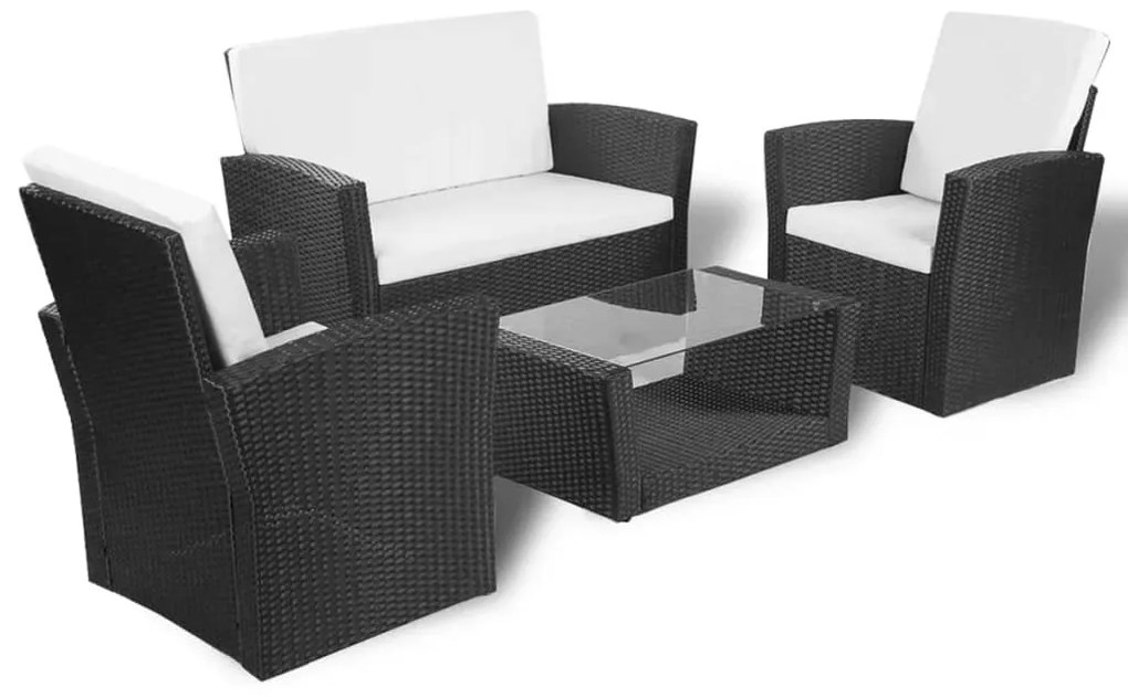 4 pcs conjunto lounge de jardim c/ almofadões vime PE preto
