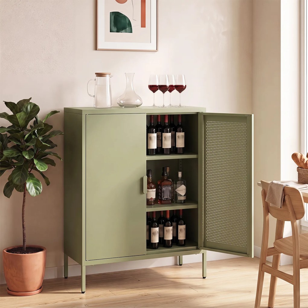 Aparador de Duas Portas, 80 x 35 x 102 cm, Prateleiras Ajustáveis, Verde