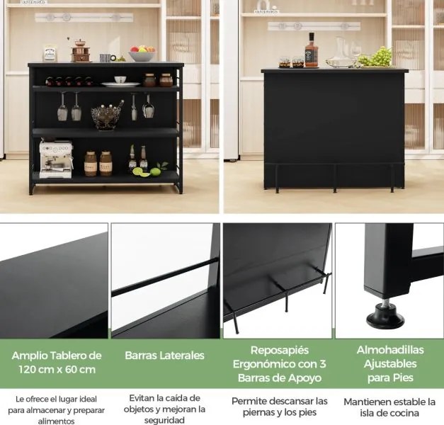 Mesa de bar alta de cozinha 4 níveis com 3 Estantes Prateleiras para vinhos Ilha de cozinha 120 x 60 x 101 cm Preto