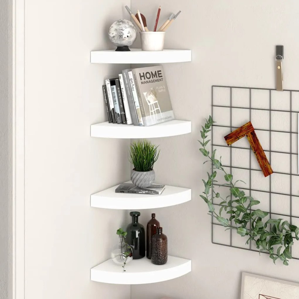 323897 vidaXL Prateleiras de canto suspensas 4 pcs 25x25x3,8cm MDF branco