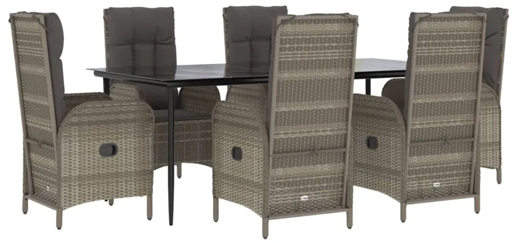 7 pcs conjunto jantar jardim c/ almofadões vime PE preto/cinza