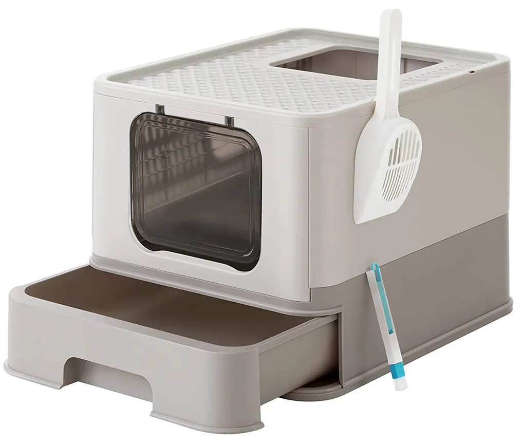 Caixa de areia para gatos com tampa, adequada para gatos até 15 kg. | FEANDREA | 54,3 x 42,5 x 37,8 cm | cinzento | PPT001G01.