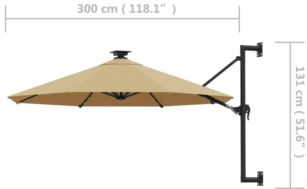 Guarda-sol p/ jardim parede c/ luz LED 300 cm cinza-acastanhado