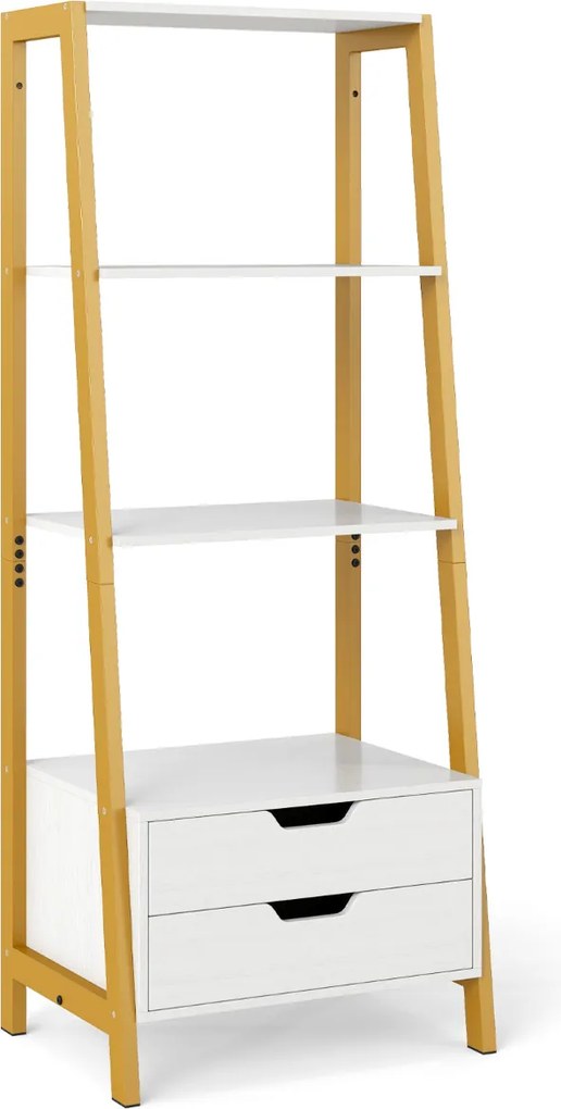 Estante em forma escada 52 x 39,5 x 134 cm com 4 prateleiras abertas e 2 gavetas Branco + Dourado