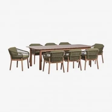 Conjunto De Mesa Retangular Extensível Duala 250-310x105 Cm E 8 Cadeiras De Jantar Em Madeira De Acácia E Corda Trançada Karvia Castanho Acácia & Bouc