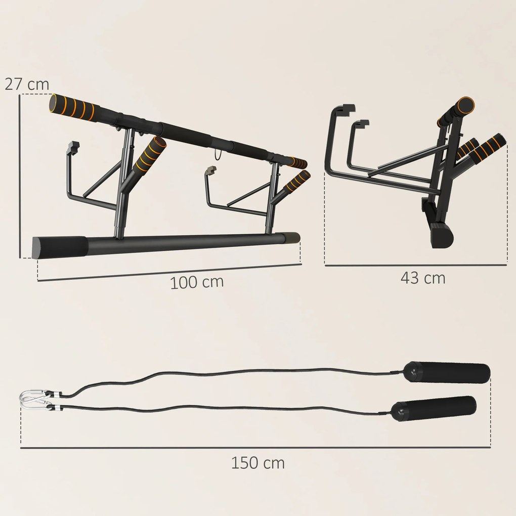 Barra de flexões para porta com faixas elásticas e pegas almofadadas 100 x 43 x 27 cm, preta