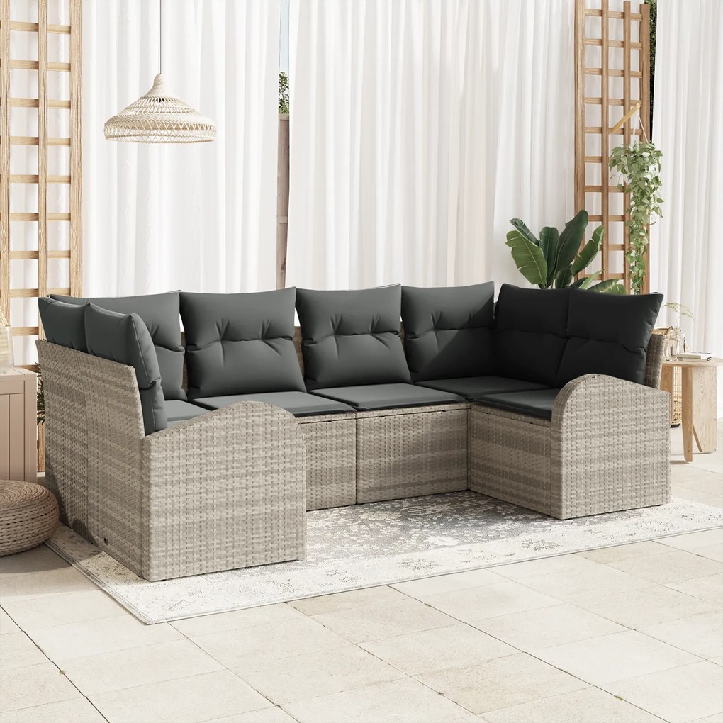 Conjunto de Sofá de Jardim 6 Peças com Almofadas Cinza Claro Rattan Po