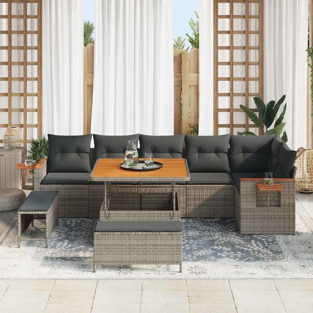 Conjunto de Sofás de Jardim vidaXL 9 Peças com Almofadas Cinzento Ratt