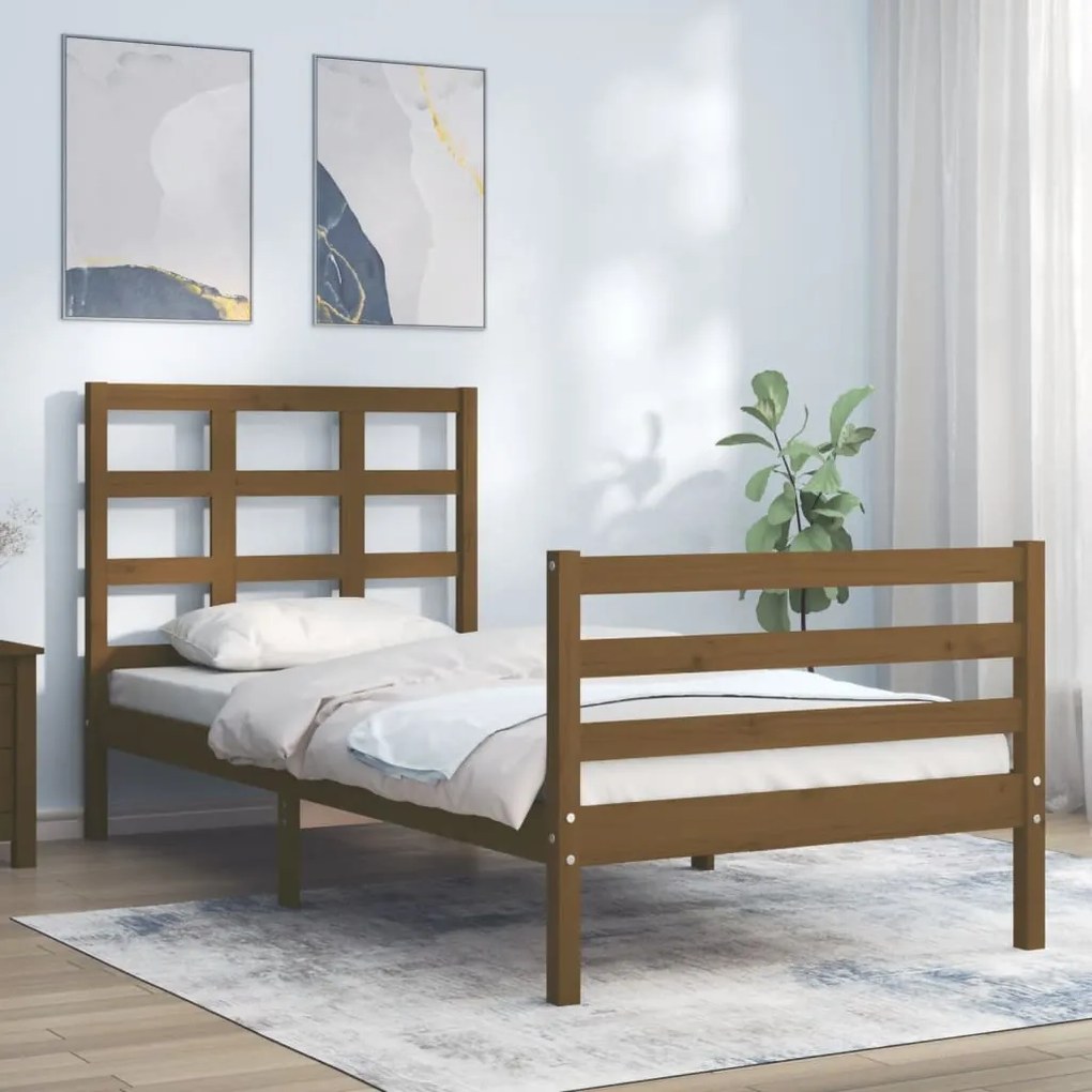 Estrutura cama cabeceira 100x200cm madeira maciça castanho-mel