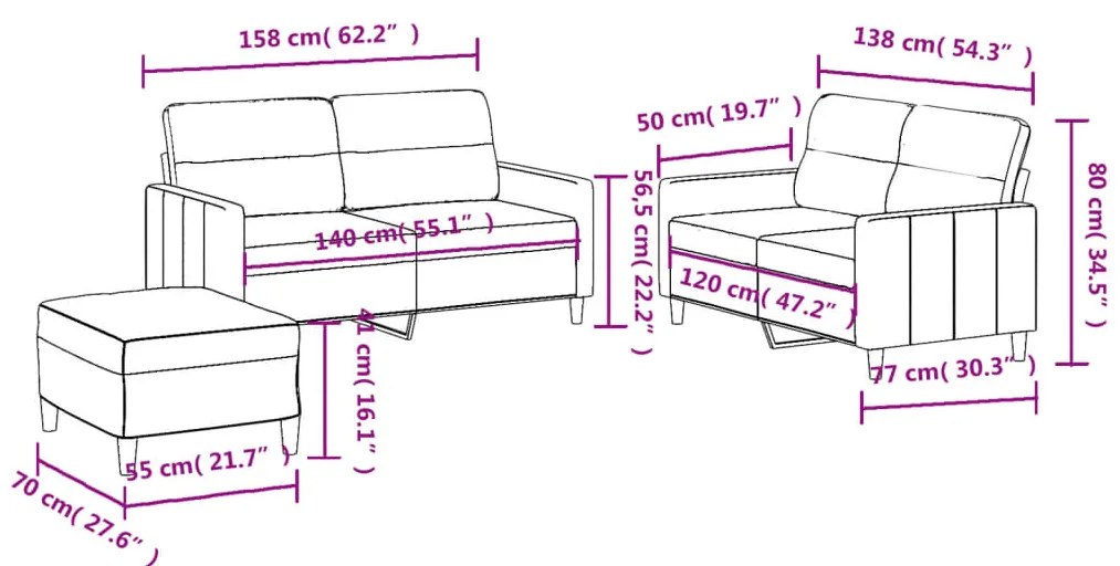 3 pcs conjunto de sofás com almofadões tecido cinzento-escuro