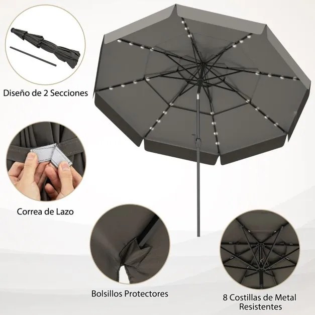 Guarda-sol solar de 300 cm com 32 luzes LED, parte superior ventilada com 3 níveis e ajuste de inclinação - cinzento