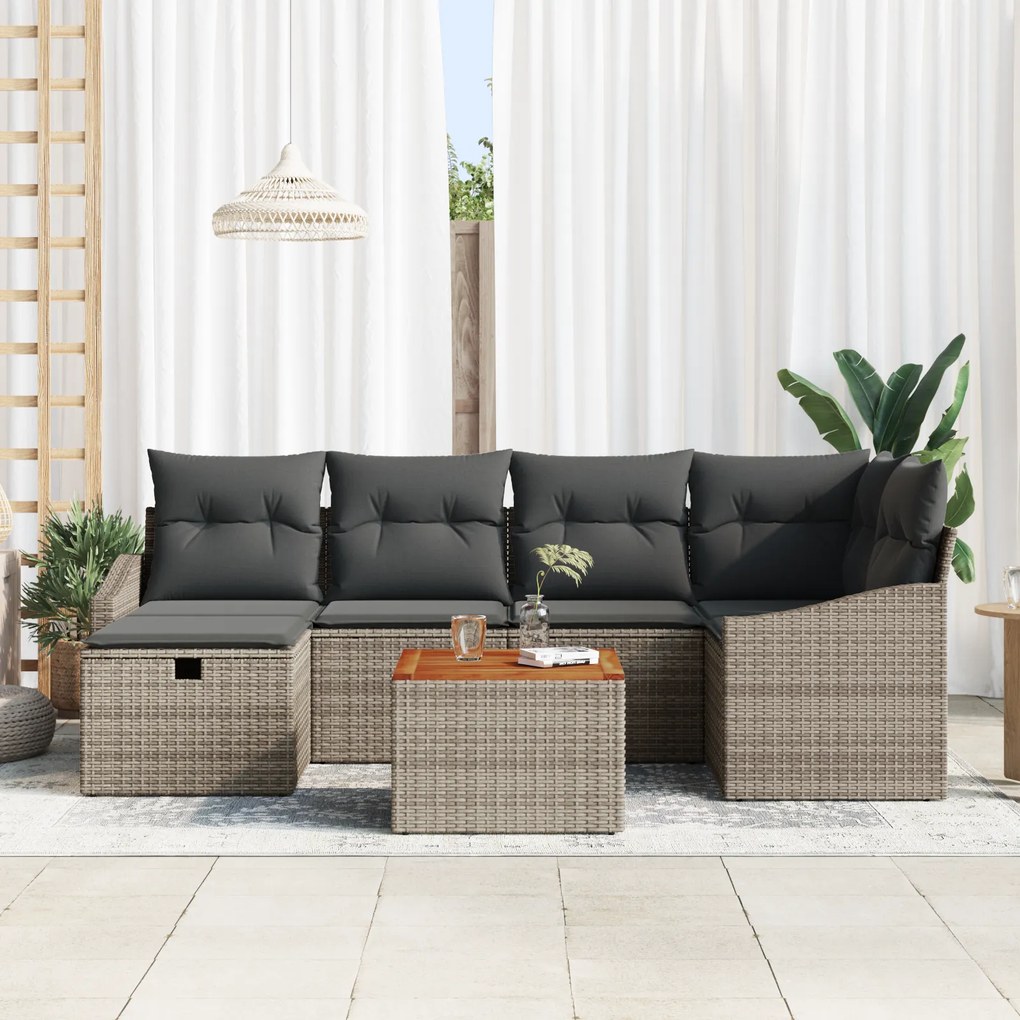 Conjunto de Sofás de Jardim de 7 Peças com Almofadas Cinza Vime