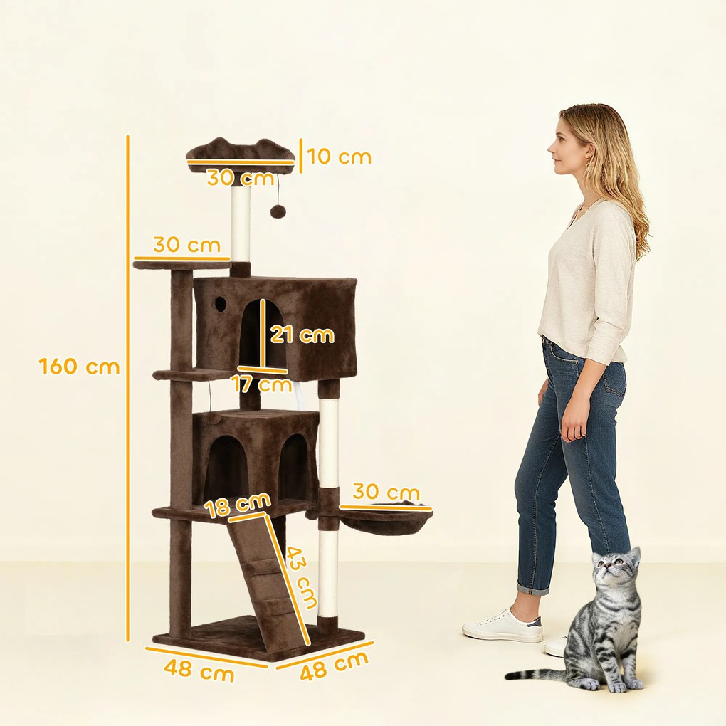 Arranhador para Gatos com Múltiplas Plataformas Cama 2 Cavernas Rede Escada Postes de Sisal 48x48x160 cm Castanho