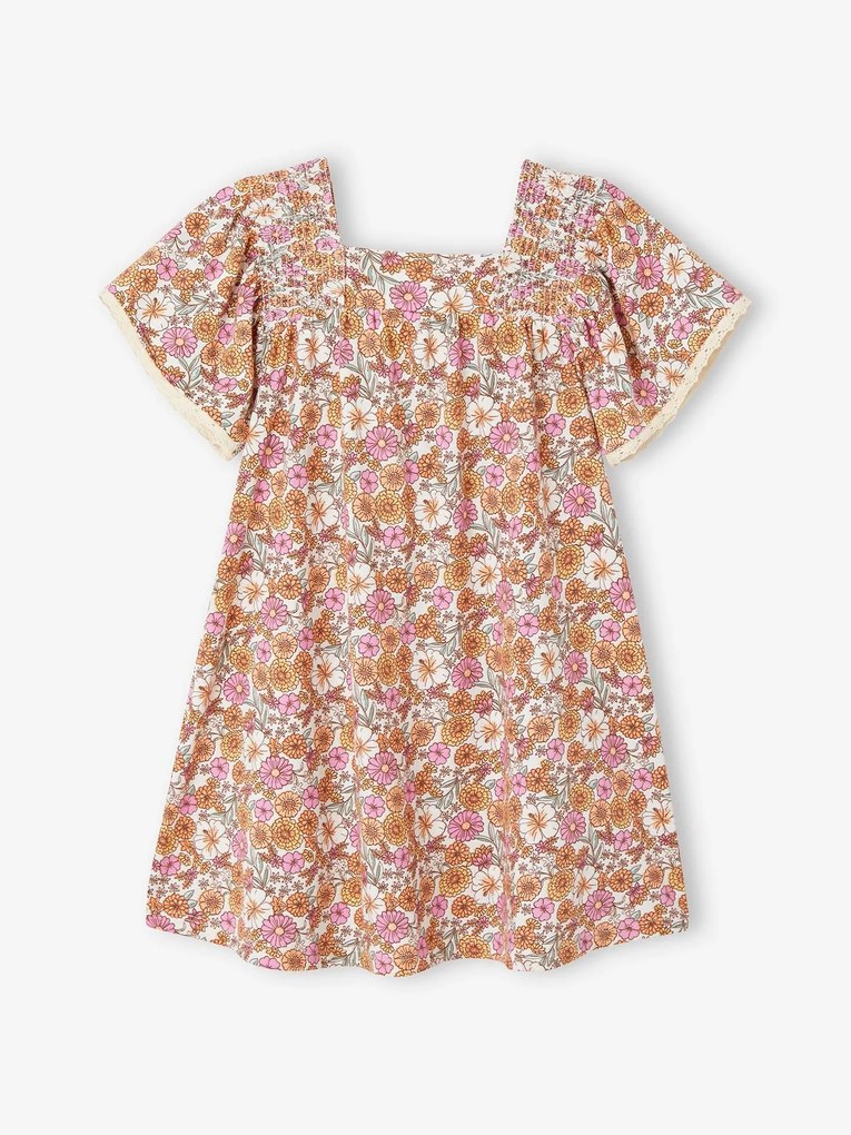 Vestido às flores, mangas borboleta, para menina alperce-rosado