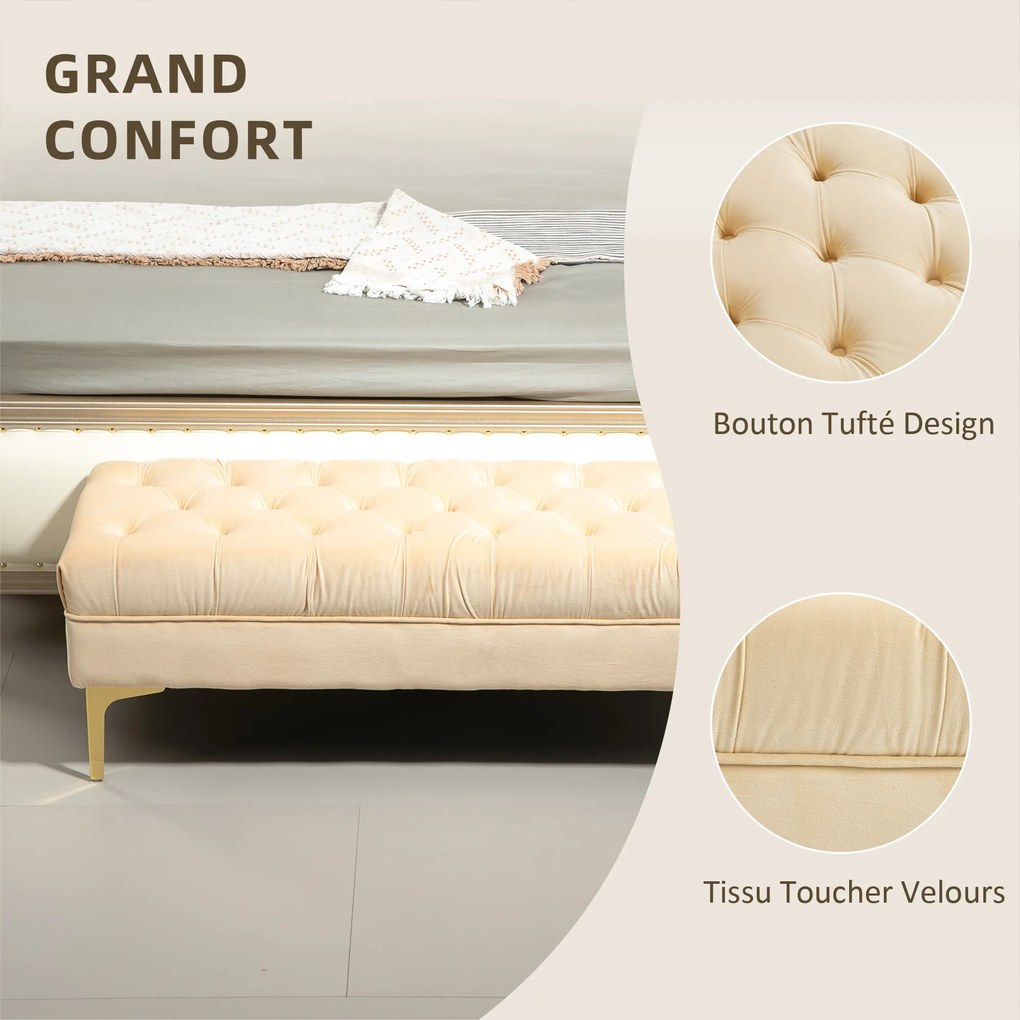Banco estofado para colocar ao pé da cama, estilo clássico-chique, dim. 118 x 45 x 42 cm, pés em metal dourado, veludo bege