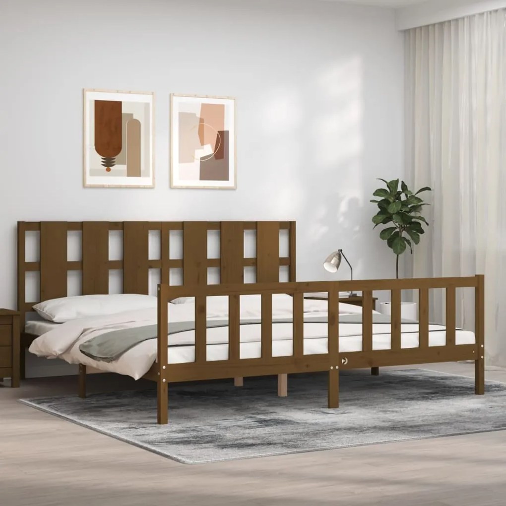 Estrutura cama cabeceira 180x200 cm madeira maciça castanho-mel