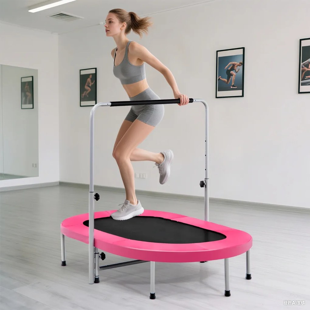 Trampolim para 2 pessoas com alça ajustável em altura Mini trampolim 154 x 90 x 92 -132 cm Rosa