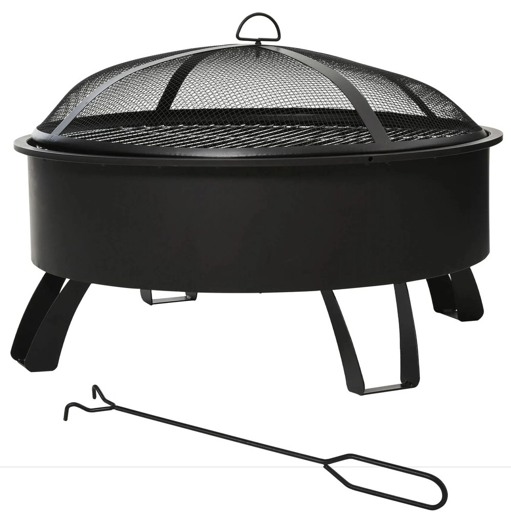 Outsunny Braseiro externo Ø76 cm 2 em 1 com grade de cozinha Grelha de churrasco Póquer de fogo com tampa de malha preto | Aosom Portugal