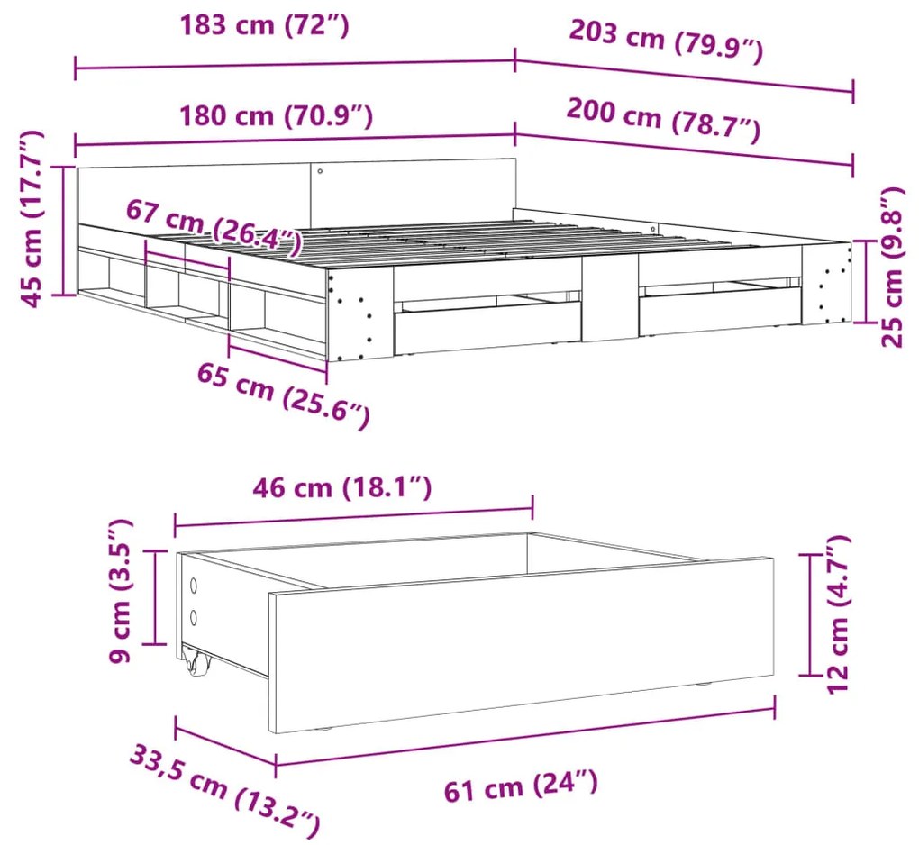 Estrutura de cama c/ gavetas 180x200cm derivados madeira branco