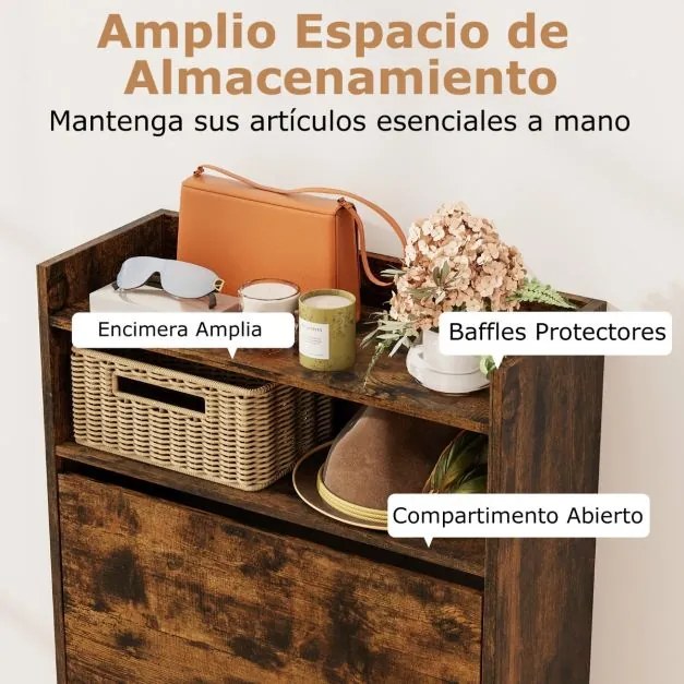 Sapateira 60 x 24 x 102 cm com 2 gavetas rebatíveis e espaço de arrumação aberto para corredor ou sala de estar Castanho