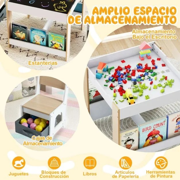 Conjunto de mesa e cadeiras para crianças Mesa de atividades em madeira com tampo reversível Prateleiras para livros e gavetas Natural + Branco