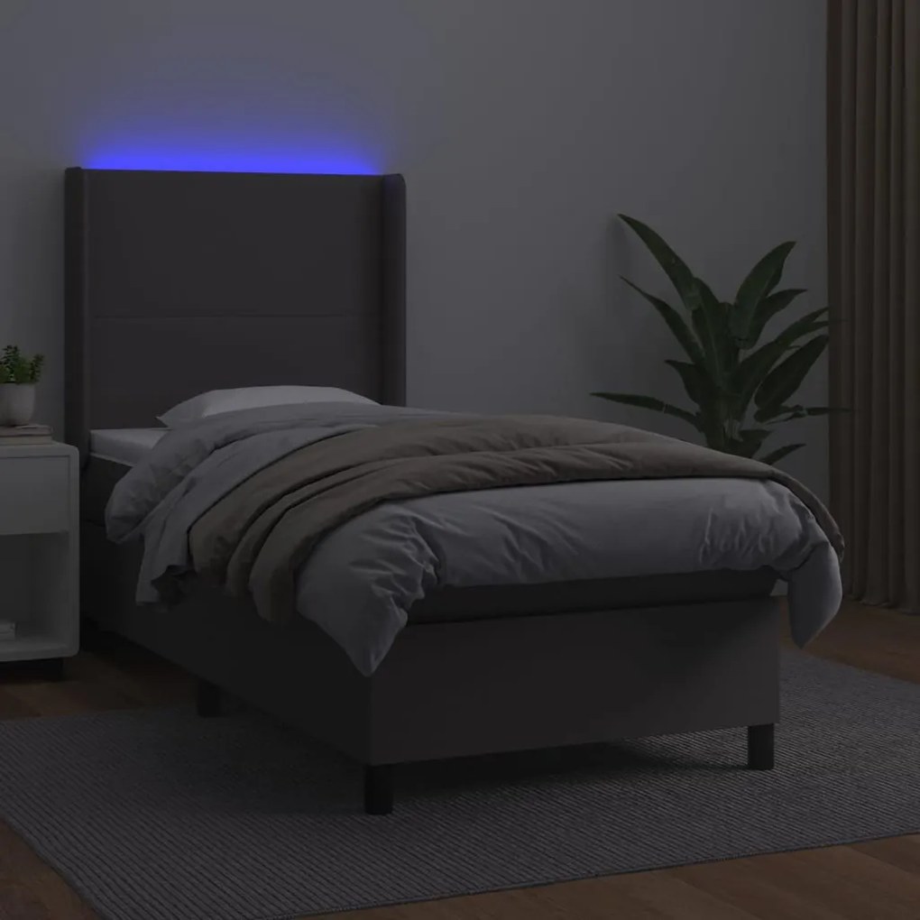 Cama box spring c/ colchão/LED 90x190 cm couro artificial cinza