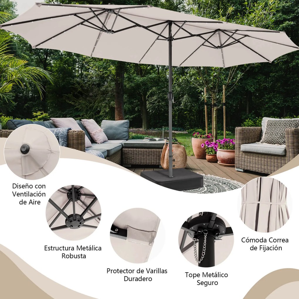 Conjunto de guarda-sol dupla face de 470 cm com 48 luzes LED solares e base recheável de 80 kg, com sistema de manivela, para jardim e piscina Bege