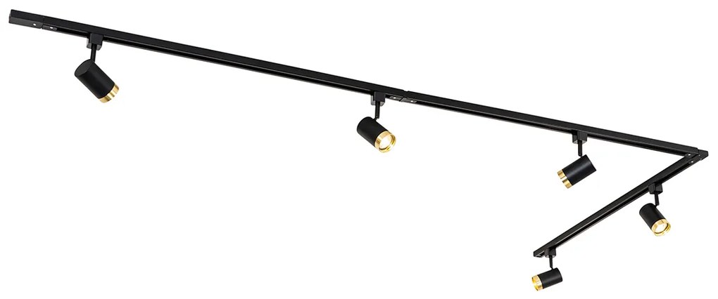 Sistema de calhas monofásico com 5 focos pretos com anel dourado - Jeana