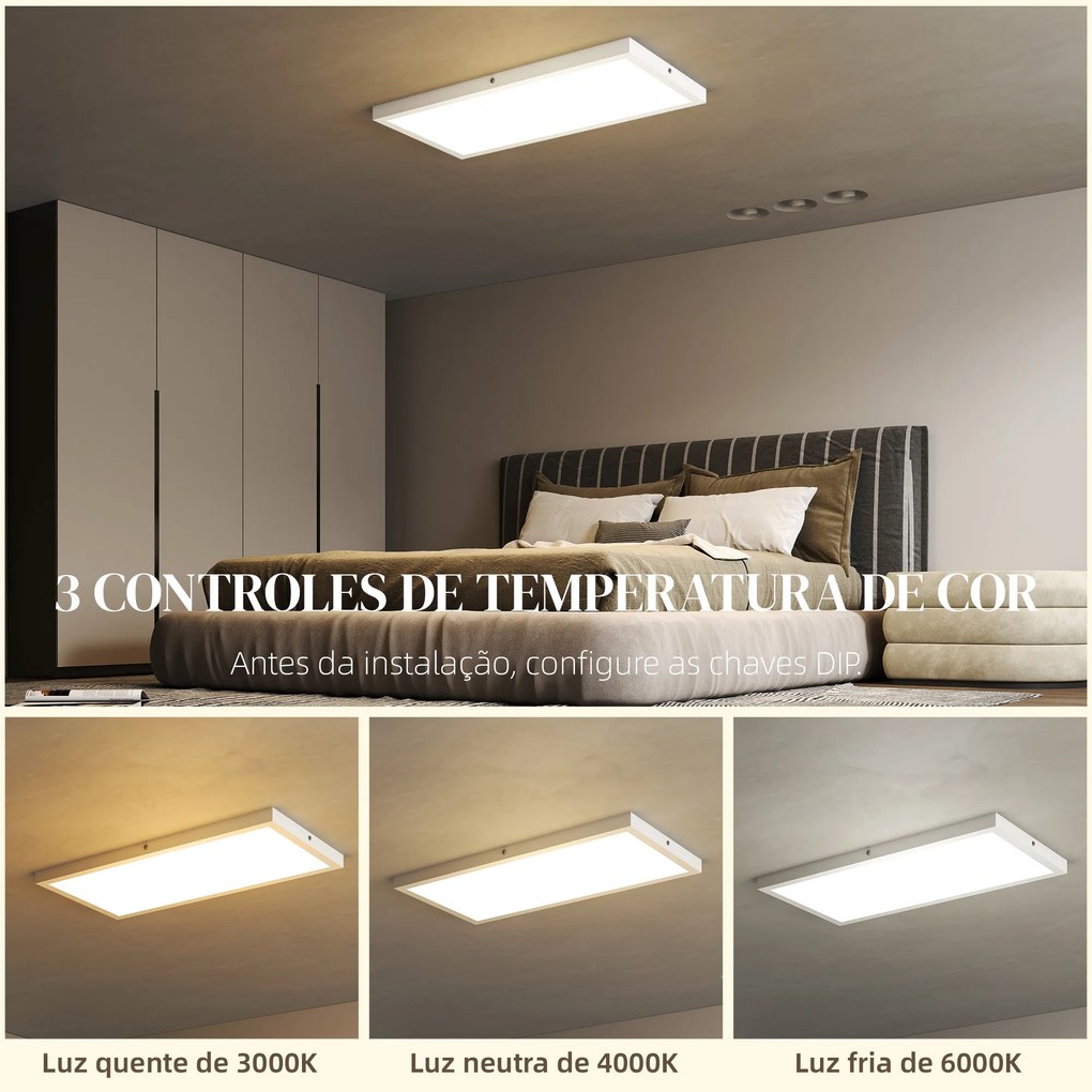 Conjunto de 4 Candeeiros de Teto Cor Regulável com Interruptor DIP e de Parede 3000K/4000K/6000K 60x30x3,7 cm Branco