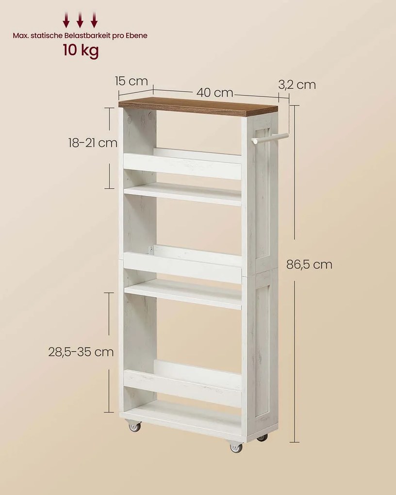 Carrinho estreito com 4 prateleiras 15 x 43,2 x 86,5 cm branco + castanho