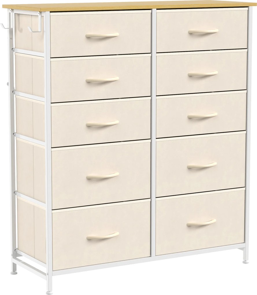 HOMCOM Cômoda 10 Gavetas em Tecido, Móvel de Armazenamento com 4 Bolsos, 2 Ganchos, Estrutura em Aço, 80 x 30 x 94,5 cm, Bege | Aosom Portugal