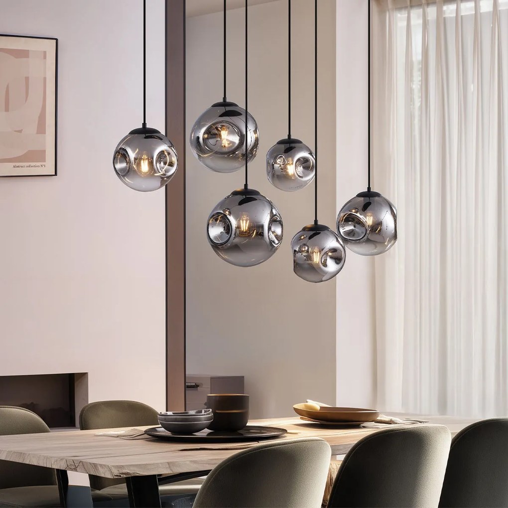 Candeeiro de Suspensão Art Déco Preto com Placa de Teto Oval e Vidro Fumado 6 Luzes - Douglass