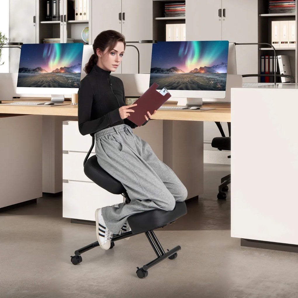 Cadeira escritorio ergonómica com apoio para os joelhos, encosto inclinado e rodas universais bloqueáveis Preto