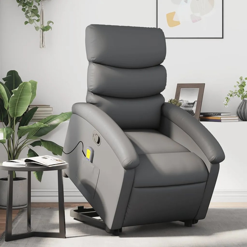 vidaXL Poltrona massagens reclinável elevatória couro artif. cinzento