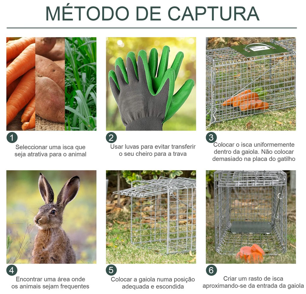 Armadilha para Animais Vivos Dobrável 66x24x30,5 cm Gaiola de Captura com Porta e Alça para Coelhos Roedores Prata