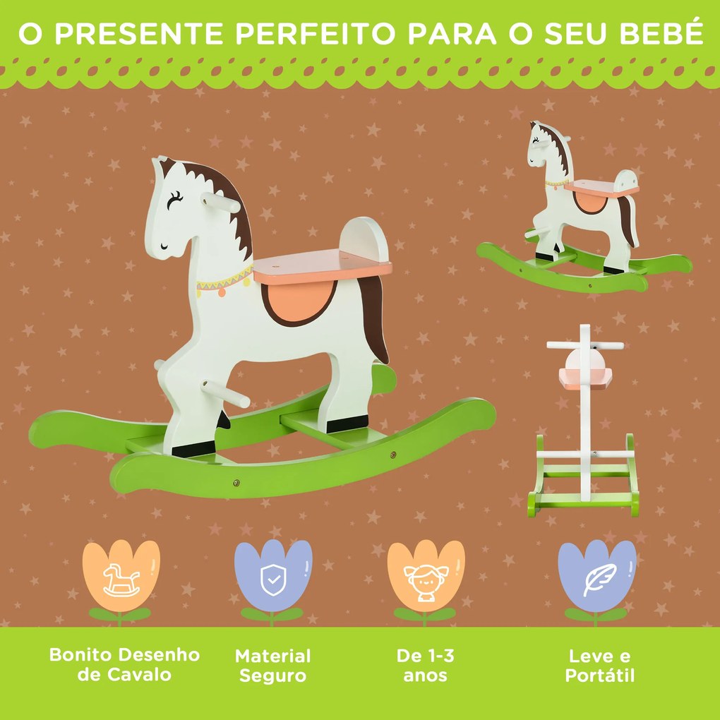 Cavalo Baloiço para Crianças de 1-3 Anos Cavalo Baloiço de Madeira com Guiador e Apoio para os Pés Carga Máxima 50kg 68x27x50cm Branco e Verde