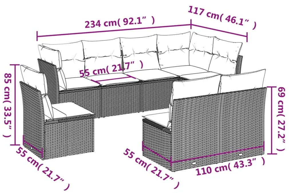 8 pcs conjunto sofás de jardim com almofadões vime PE preto