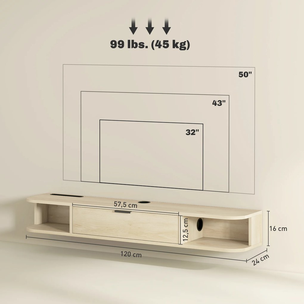 Móvel de TV Suspenso com Orifício para Cabos Estilo Moderno para Televisão 50 Polegadas 120x24x16 cm Madeira