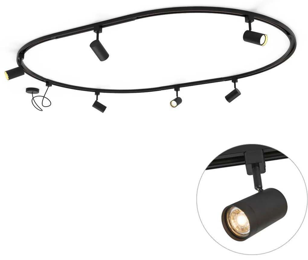 Sistema de iluminação de trilho moderno com 6 focos pretos, monofásico, oval 100cm - Iconic Jeana