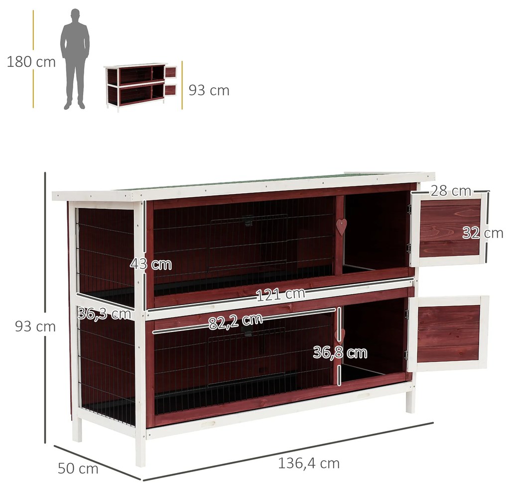 Coelheira de Madeira Exterior de 2 Níveis Gaiola para Coelhos com Teto Asfáltico 4 Portas e Bandejas Removíveis 136x50x93cm Marrom Avermelhado
