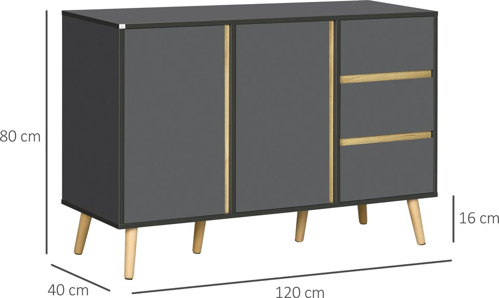 Aparador baixo com 2 portas e 3 gavetas, estilo escandinavo, 120 x 40 x 80 cm, cinza