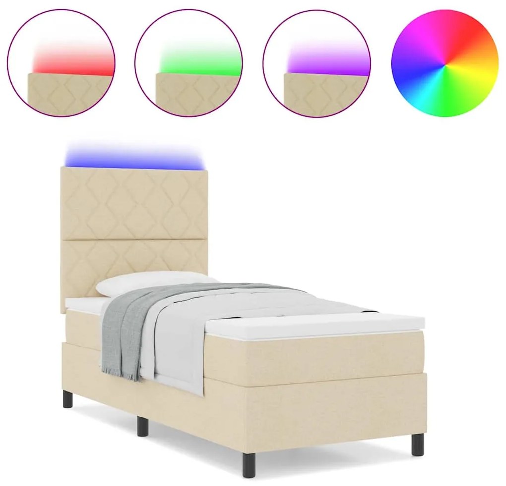 Cama Box com Colchão e Luz LED Creme 90x200 cm Tecido