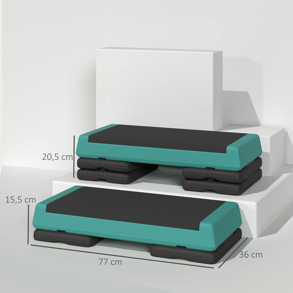 Step para Fitness Antideslizante Altura Regulável 3 Níveis de 10,5/15,5/20,5 cm Capacidade 250 kg 77x36x20,5 cm Verde e Preto